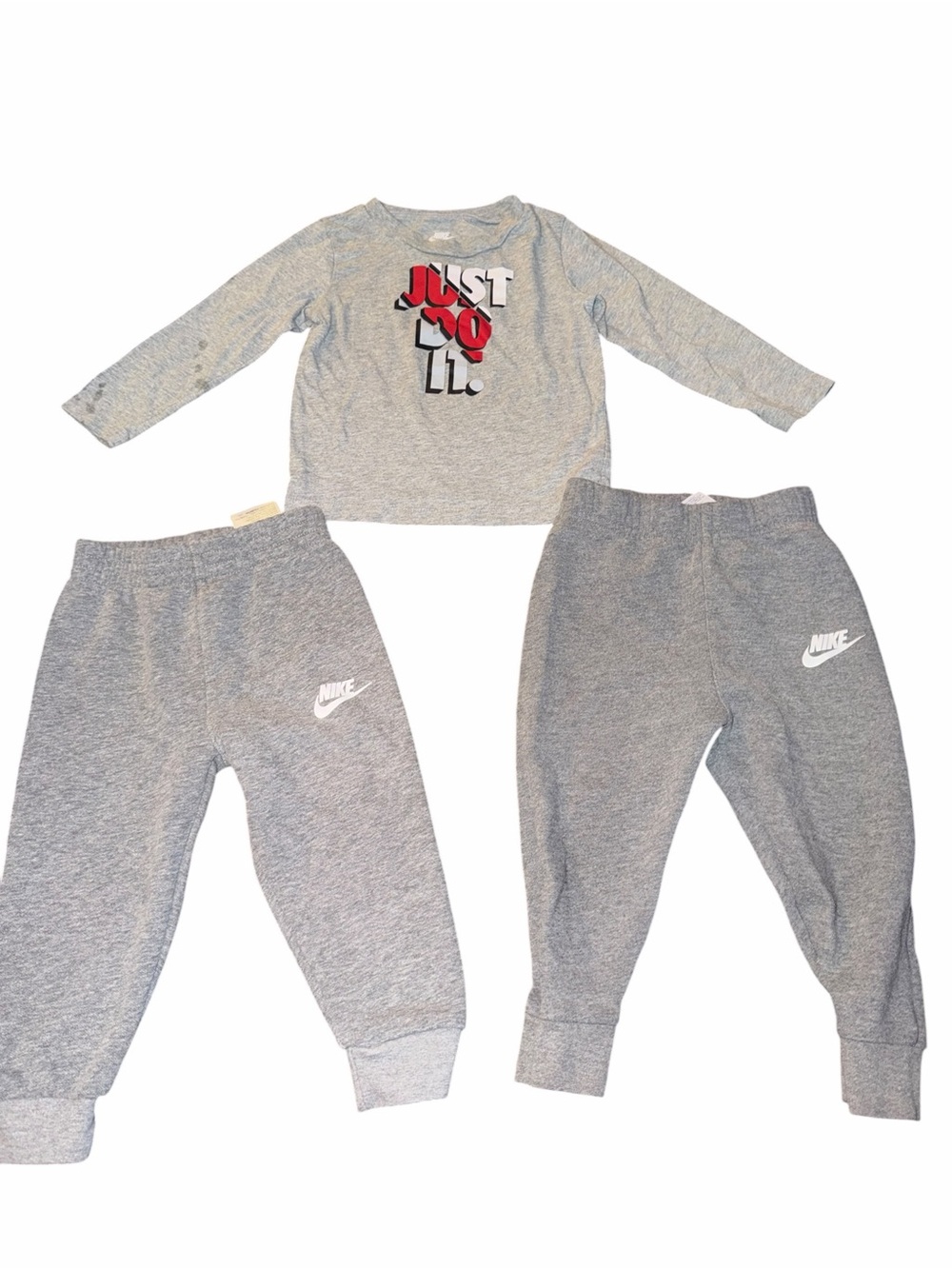 Nike Kids Grey Long Sleeve with Red 'Just Do It' Graphic + 2 Grey Joggers